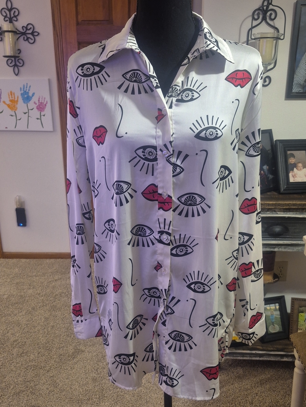 Lulumari White Button-Down Shirt with Black Eye & Red Lip Print